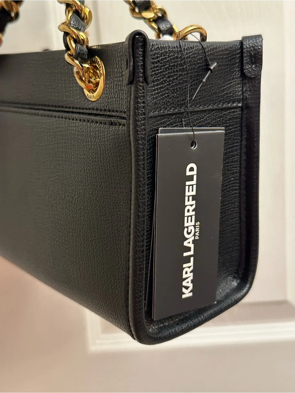 Karl Lagerfeld Black Floral Embroidered Satchel with Gold Chain
